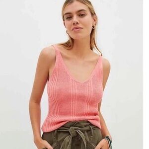 Anthropologie Coral Pink Ribbed Sweater Knit Tank Top V-Neck
